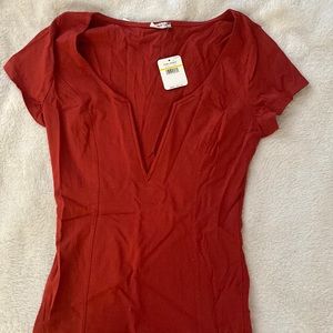 NWT Free People Terracotta Sunset V Neck Plunge Short Sleeve Bodysuit with Clasp